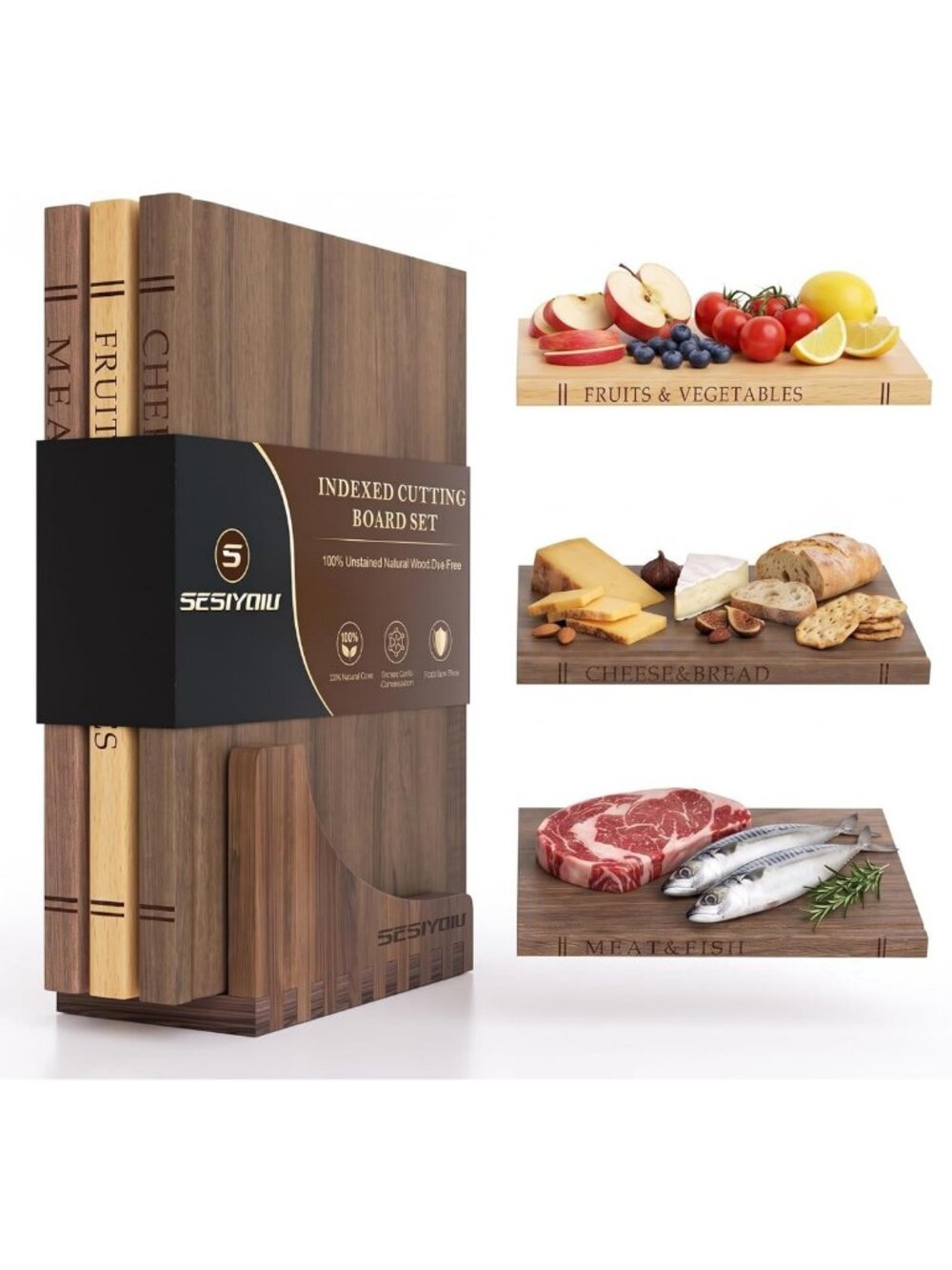 3-Piece Acacia Wooden Cutting Board Set - Book-Shaped Kitchen Boards for